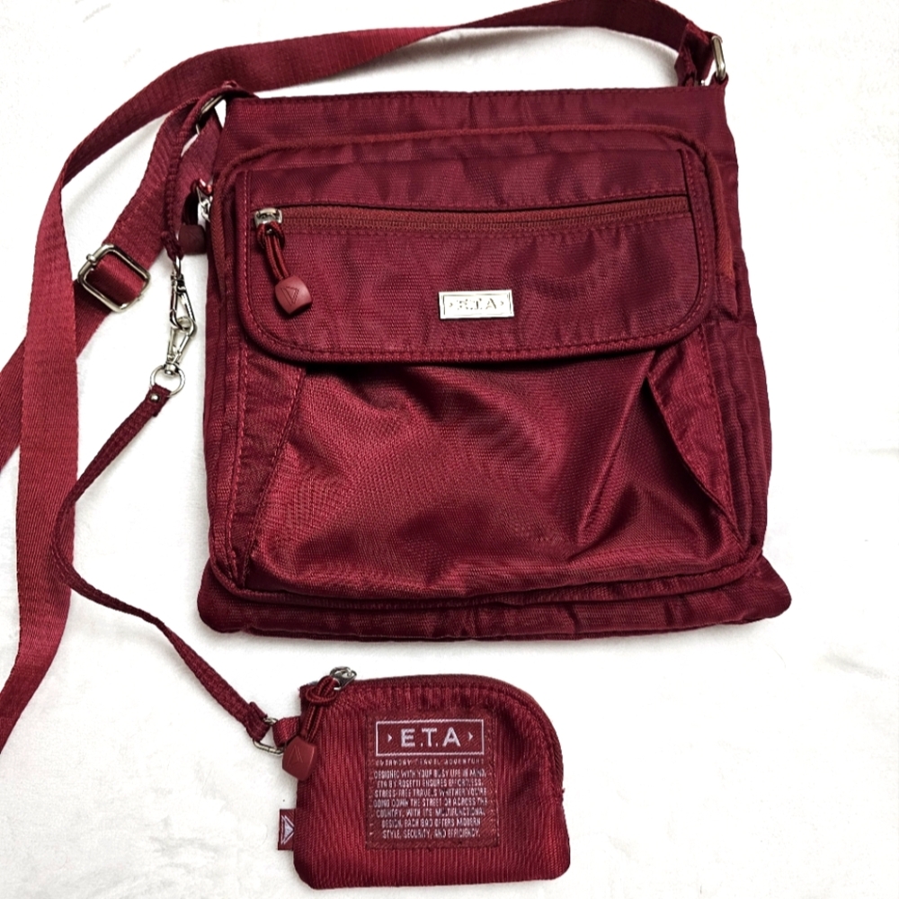 E.T.A Everyday Travel Adventure Burgundy Crossbody Detachable Card/ Coin Bag